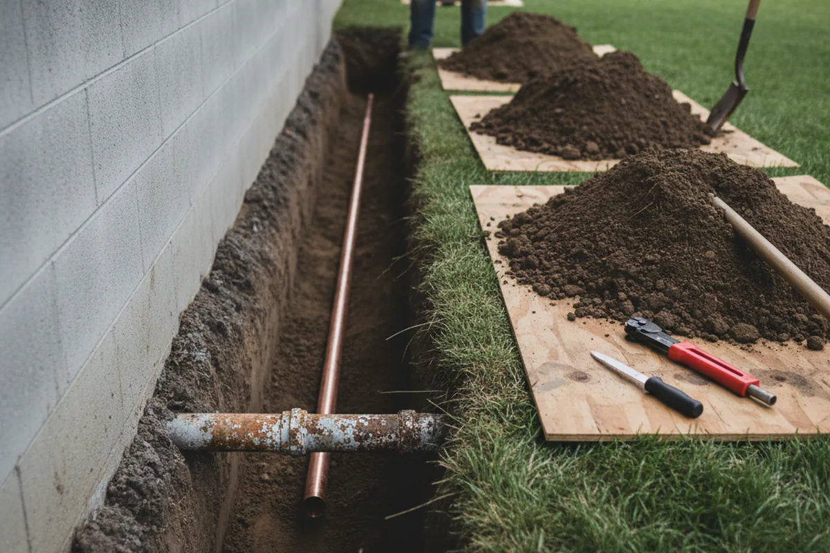 Excavated water line trench during Water Heater Repair in Conroe
